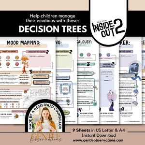May include: Printable decision trees for children, designed to help manage emotions. The sheets feature colourful illustrations and text, with the title "DECISION TREES" at the top. The product is an instant download, with 9 sheets in US Letter & A4.