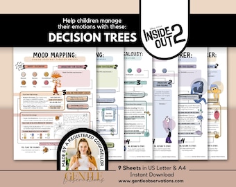 May include: A set of printable decision trees for children, designed to help manage emotions. The sheets feature colorful illustrations and text, with the title "DECISION TREES" at the top. The product is an instant download, with 9 sheets in US Letter & A4.