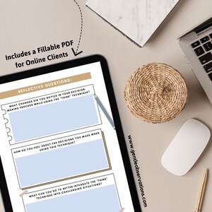 May include: A digital tablet displaying a printable worksheet with reflective questions about a "Think" technique. The worksheet has three sections with blank spaces for writing. The text on the tablet reads "Reflective Questions: What changes did you notice in your decision making process while using the "Think" technique? How do you feel about the decisions you made when using this technique? What can you do to better integrate the "Think" technique into challenging situations?"