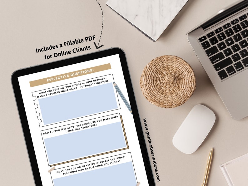 May include: A digital tablet displaying a printable worksheet with reflective questions about a "Think" technique. The worksheet has three sections with blank spaces for writing. The text on the tablet reads "Reflective Questions: What changes did you notice in your decision making process while using the "Think" technique? How do you feel about the decisions you made when using this technique? What can you do to better integrate the "Think" technique into challenging situations?"