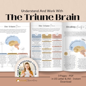 The Triune Brain Model for Healing Anxiety & Trauma Therapy Worksheets, Trauma Coping Skills Anxiety Relief Worksheets for Therapists