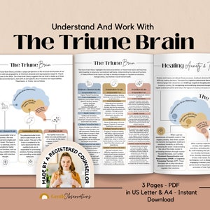 The Triune Brain Model for Healing Anxiety & Trauma Therapy Worksheets, Trauma Coping Skills Anxiety Relief Worksheets for Therapists