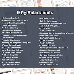 May include: A 93-page workbook with a list of skills and techniques for managing emotions and mental health. The workbook includes topics such as mindfulness, self-soothing, and problem-solving skills.