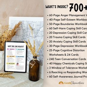 May include: A digital planner with the text "What Are Core Beliefs?" on the screen. The planner is open to a page with a list of questions about self, the future, situations, relationships, the world, and beliefs. The planner is sitting on a table with a vase of dried flowers and a glass bottle.