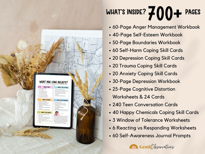 May include: A digital planner with the text "What Are Core Beliefs?" on the screen. The planner is open to a page with a list of questions about self, the future, situations, relationships, the world, and beliefs. The planner is sitting on a table with a vase of dried flowers and a glass bottle.