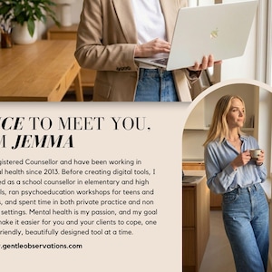 The image is a collage of two photos. In the top photo, a person is standing in a room, holding a laptop, while in the bottom photo, a woman is standing in a kitchen, holding a coffee mug. The text overlay provides information about the person, including that they are a registered mental health professional, and they have been working in mental health since 2013.