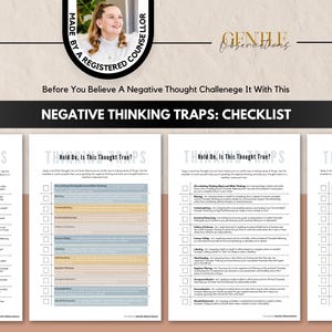 Może przedstawiać: Cyfrowa lista kontrolna zatytułowana Negative Thinking Traps: Checklist, zawierająca okrągły portret osoby oraz tekst Made by a Registered Counsellor. Dokument zawiera sekcje zatytułowane Hold On, Is This Thought True? z polami wyboru.