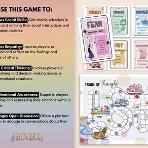 May include: Educational game with cards and a board game. The cards feature emotions like fear, joy, and sadness. The board game is titled "Train of Thought" and has a colorful design. The game aims to enhance social skills and emotional awareness.