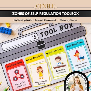 May include: A Zones of Self-Regulation Toolbox game featuring a grey illustrated toolbox with four colour-coded sections: Red Zone Tools, Yellow Zone Tools, Green Zone Tools, and Blue Zone Tools. Each section contains cards with illustrations and text.