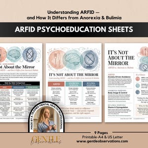May include: A set of nine printable psychoeducation sheets titled Understanding ARFID and How It Differs from Anorexia & Bulimia. The documents feature charts, text, and illustrations of a fork, brain, and mirror, formatted for A4 and US Letter paper.