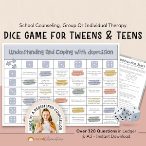 School Counseling Dice Game for Teens & Tweens Group Therapy, Coping Skill Exploration Therapy Questions for Anxiety, Depression and More