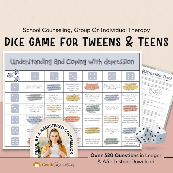 School Counseling Dice Game for Teens & Tweens Group Therapy, Coping Skill Exploration Therapy Questions for Anxiety, Depression and More