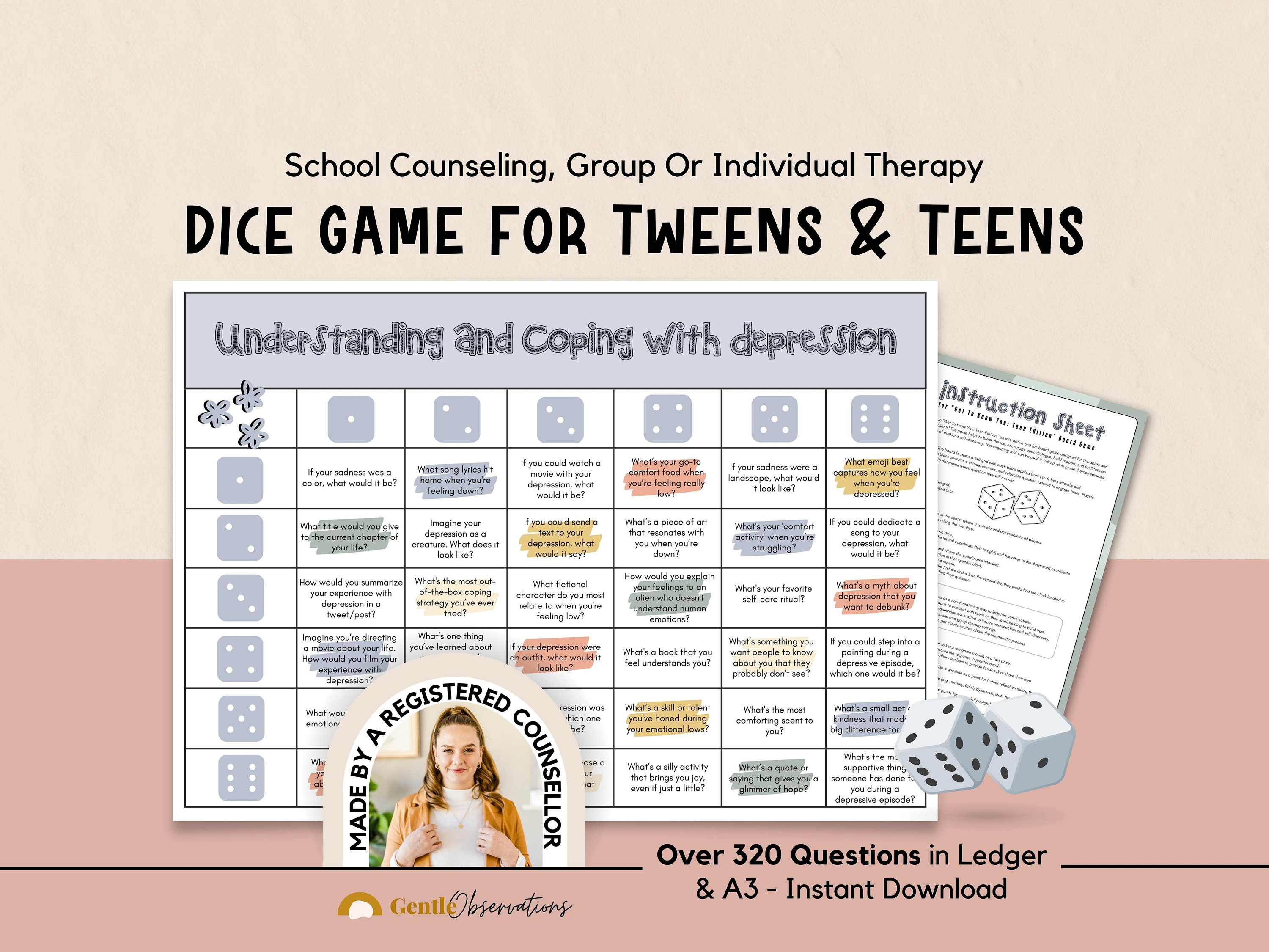 School Counseling Dice Game for Teens & Tweens Group Therapy, Coping Skill Exploration Therapy Questions for Anxiety, Depression and More