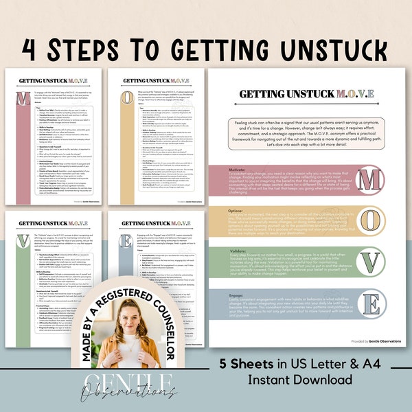 Step To Getting Unstuck Psychoeducational Worksheets and Coping Skills List, Managing Change and Motivation, Breaking Self-Sabotage Habits