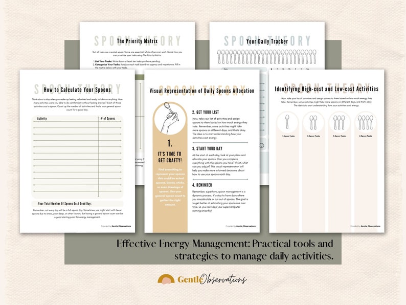 May include: A set of printable worksheets for managing energy levels using the Spoon Theory. The worksheets include a priority matrix, a daily tracker, a visual representation of daily spoons allocation, and a guide for identifying high-cost and low-cost activities.