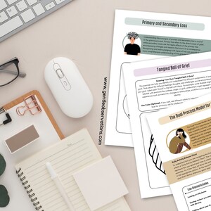 May include: A set of printable worksheets for grief counseling. The worksheets feature illustrations of people and use the terms "Primary and Secondary Loss", "Tangled Ball of Grief", and "The Dual Process Model for Grieving".