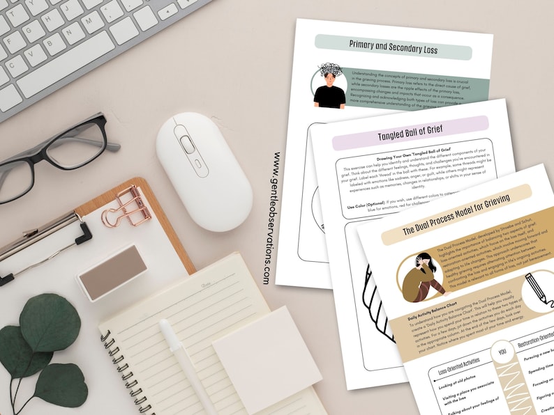 May include: A set of printable worksheets for grief counseling. The worksheets feature illustrations of people and use the terms "Primary and Secondary Loss", "Tangled Ball of Grief", and "The Dual Process Model for Grieving".