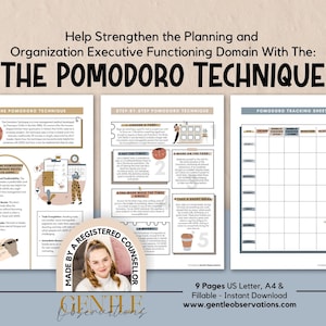 May include: A three-page digital planning guide titled The Pomodoro Technique, featuring instructional text, illustrations of a tomato timer, a coffee cup, and a tracking sheet with columns for date, task, and pomodoros, designed for executive functioning.