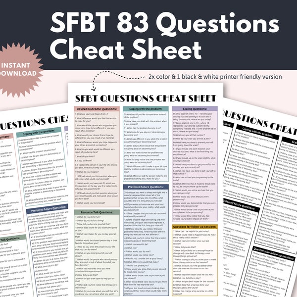 Solution Focused Therapy Questions Cheat Sheet, SFBT Worksheet for Therapists, Counselors or Social Workers, Therapy Office Decor, CBT, SEL