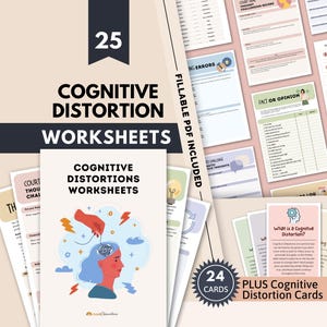 May include: A set of 25 cognitive distortion worksheets and 24 cognitive distortion cards. The materials feature a light beige background with text, charts, and illustrations, including a graphic of a hand pulling a thread from a human head.