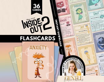May include: A set of 36 Disney Pixar Inside Out 2 flashcards featuring various character illustrations and coping strategies. The cards include text labels like Anxiety, Joy, Disgust, and Ennui, presented in a colorful, organized digital layout.