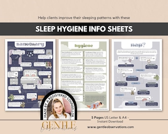 May include: Three informational sheets titled Sleep Hygiene Info Sheets with text and diagrams about sleep habits. The sheets feature dark blue, light green, and light blue backgrounds with illustrations of beds, clocks, and icons. Includes a circular badge with a portrait and the text Made by a Registered Counsellor.
