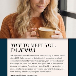 A woman with blonde hair is smiling and holding a cup of coffee, with text describing her as a registered mental health coach and her passion for mental health.