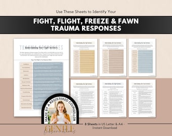 Puede incluir: Un conjunto de ocho hojas de trabajo educativas tituladas Use These Sheets to Identify Your FIGHT, FLIGHT, FREEZE & FAWN TRAUMA RESPONSES. Los documentos incluyen tablas y texto para comprender las respuestas al trauma, formato A4.