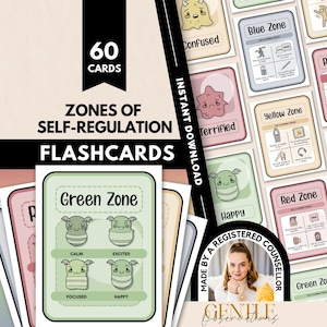 May include: A set of 60 Zones of Self-Regulation flashcards featuring colourful illustrations of characters representing various emotions. The cards are categorised into colour-coded zones including green, red, yellow, and blue, with text labels and coping strategies.