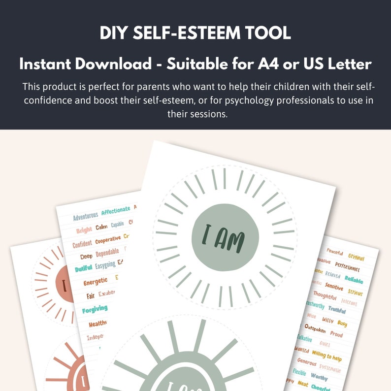 May include: Two printable worksheets for a self-esteem activity. Each worksheet features a sun with rays and the words "I AM" in the center. The worksheets include a list of positive adjectives for children to choose from.