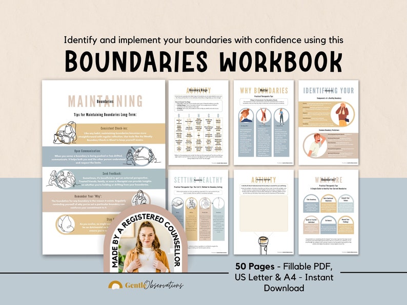 May include: A digital workbook titled "Boundaries Workbook" with a light blue background and a brown and white illustration of a person. The workbook is designed to help people identify and implement their boundaries with confidence. It includes tips for maintaining boundaries long-term, setting healthy boundaries, and identifying your boundaries. The workbook is made by a registered counselor and is available for instant download in US Letter and A4 sizes.