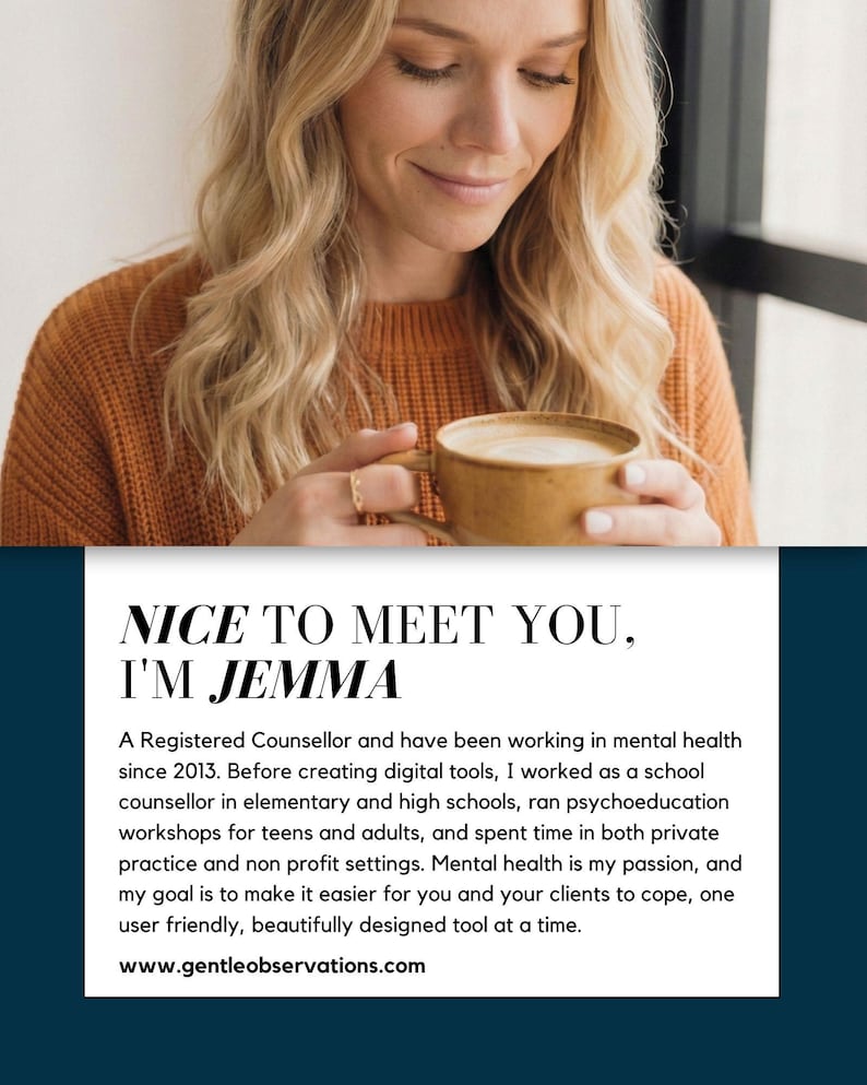 A woman with blonde hair is smiling and holding a cup of coffee, with text overlaying the image.