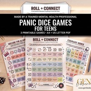 May include: Three printable game sheets titled Roll + Connect, Decode the Alarm, and Courage Remix. The pages feature grids with conversation prompts, dice icons, and illustrations of cassette tapes and headphones. Includes two six-sided dice.