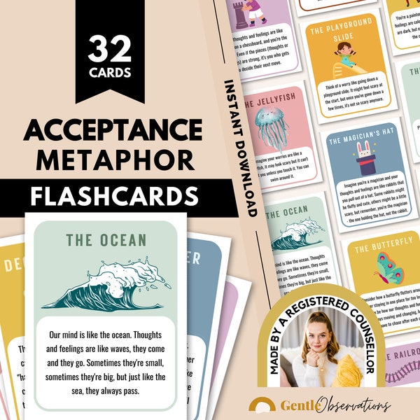 Acceptance and Commitment Therapy Metaphor Cards for Kids, ACT Therapy, Cognitive Defusion, ACT Flashcards for Psychological Flexibility