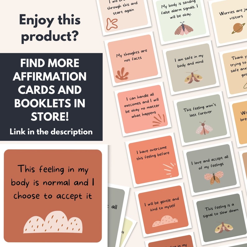 May include: A set of affirmation cards with colorful backgrounds and illustrations of butterflies. The cards feature positive affirmations such as "I am safe in my body and mind" and "This feeling won't last forever".