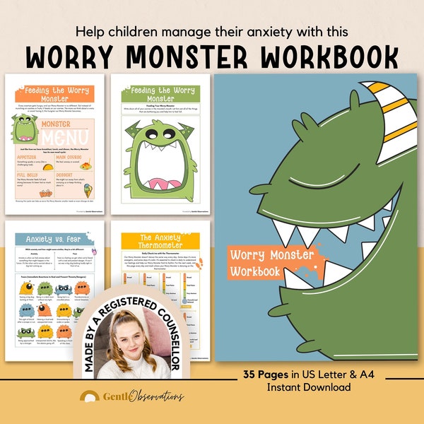 Le cahier d'exercices sur l'anxiété Worry Monster pour les enfants, le cahier d'exercices sur l'anxiété pour les conseils scolaires pour les enfants, les compétences d'adaptation à l'anxiété des enfants pour les coins apaisants