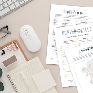 May include: A set of printable worksheets for a self-help or therapy session. The worksheets are titled "Types of Boundaries Quiz", "Coping Skills", and "Boundary Tree". The worksheets are on a white background with black text.