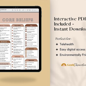 Common Core Beliefs Worksheets for Therapists, Cognitive Behavioral Therapy CBT Tool Maladaptive Beliefs and Automatic Thoughts Cheat Sheets image 2