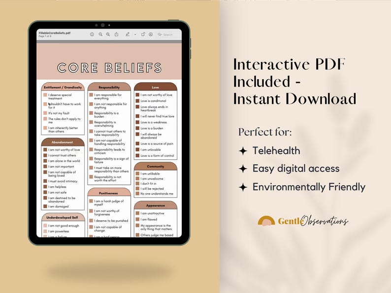 Common Core Beliefs Worksheets for Therapists, Cognitive Behavioral Therapy CBT Tool Maladaptive Beliefs and Automatic Thoughts Cheat Sheets image 2