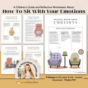 Sitting With Your Emotions Therapy Worksheets for Kids, Self-Awareness & SEL Growth Mindset School Counseling Worksheet for Kids Mindfulness