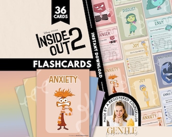 Op de afbeelding: Een set van 36 Disney Pixar Inside Out 2 flashcards met diverse personages zoals Anxiety, Joy en Ennui. Elke kaart bevat een illustratie van een personage en copingstrategieën. De set is gemarkeerd als een directe download.
