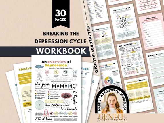 Depression Workbook, The Depression Spiral Worksheets, Self-Esteem Building, Therapy Sheets, Anxiety Relief, CBT, DBT Coping Skills, Growth