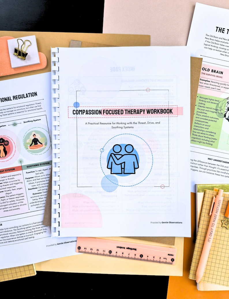a workbook titled "Compassion Focused Therapy Workbook" with a focus on practical resources for working with the Threat, Drive, and Scoring Systems. The workbook is surrounded by various papers and notes, suggesting it is part of a larger collection of materials related to compassion-focused therapy.