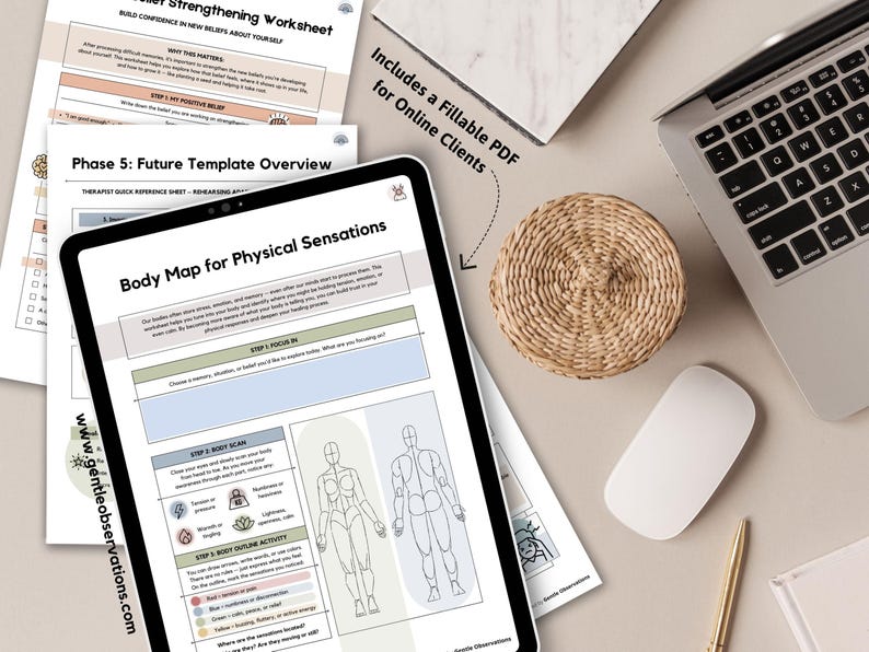 May include: A digital tablet displays a "Body Map for Physical Sensations" worksheet, with a human body outline. Other worksheets and a laptop are on a neutral-toned surface. A woven basket and a computer mouse are also visible.