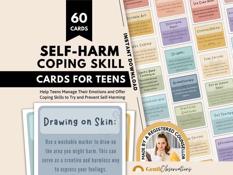May include: A set of 60 colorful cards with coping skills for teens to help manage emotions and prevent self-harm. The cards feature a variety of activities, such as drawing on skin, origami, and practicing gratitude. The text on the cards is in a simple, easy-to-read font.