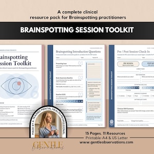 Puede incluir: Un kit de herramientas para sesiones de Brainspotting con tres páginas de documentos clínicos. Incluye una introducción, preguntas de sesión y un formulario de registro previo y posterior a la sesión. Diseño azul y blanco con un ojo.
