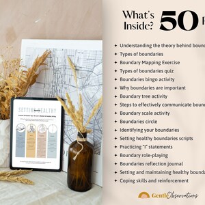 May include: A digital tablet displaying a worksheet titled "Setting Healthy Boundaries". The worksheet features four sections with illustrations and text about different types of boundaries. The tablet is on a table with dried flowers and a brown glass vase.