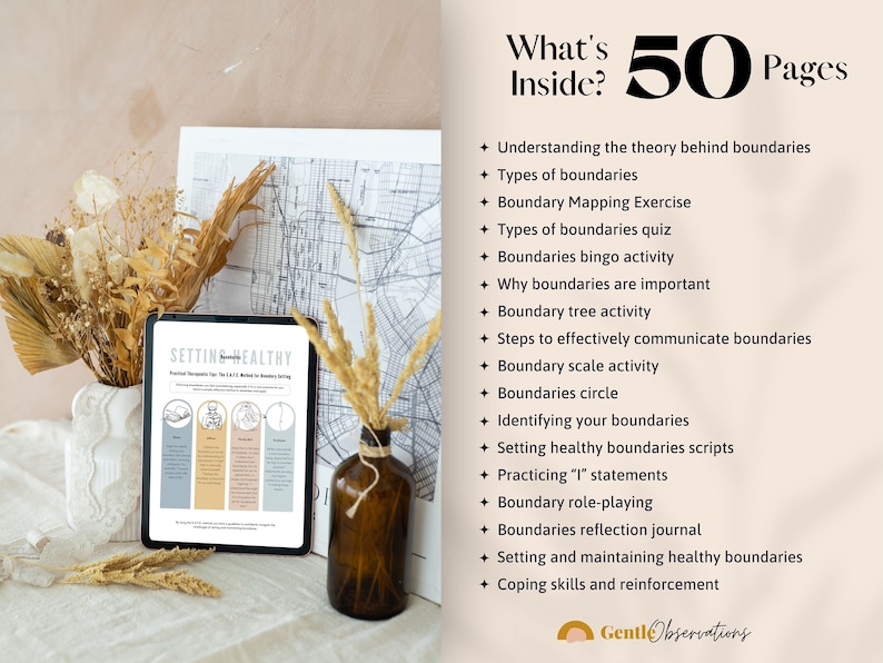 May include: A digital tablet displaying a worksheet titled "Setting Healthy Boundaries". The worksheet features four sections with illustrations and text about different types of boundaries. The tablet is on a table with dried flowers and a brown glass vase.