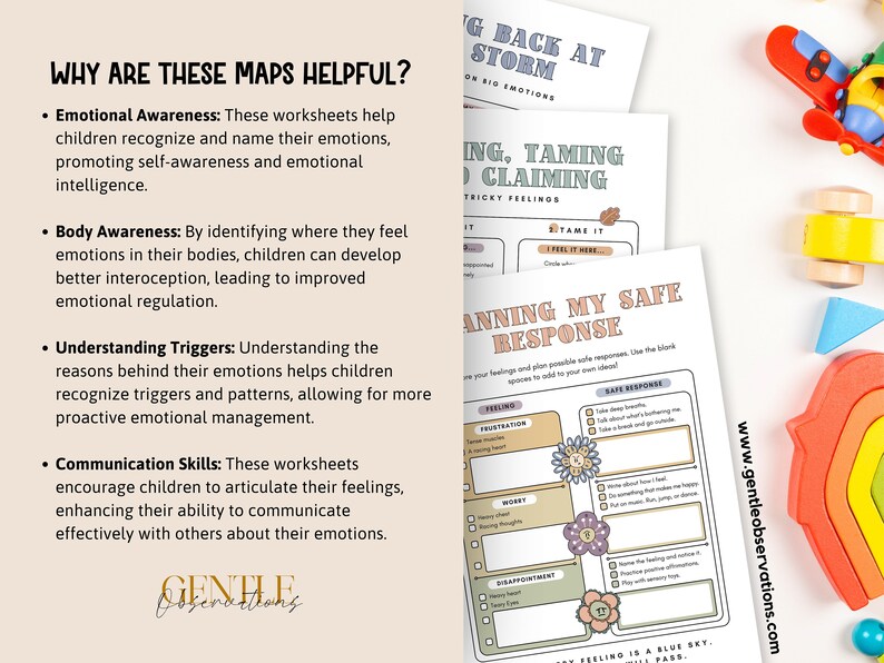 May include: A set of printable worksheets for children to help them learn about emotional awareness, body awareness, understanding triggers, and communication skills. The worksheets feature colorful illustrations of flowers and the text "Planning My Safe Response".