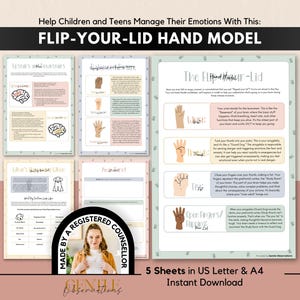 May include: A set of five educational worksheets titled Flip-Your-Lid Hand Model, designed to help children and teens manage emotions. The pages feature illustrations of hand positions representing brain functions, text explanations, and a circular badge.